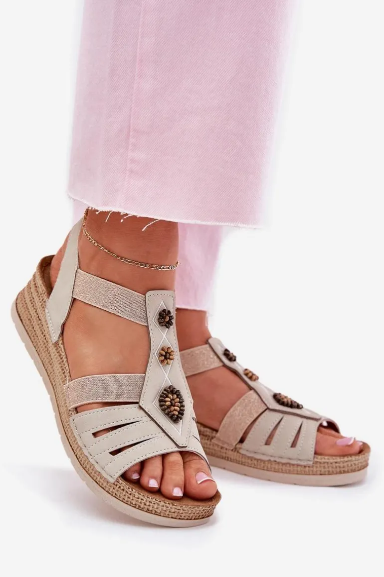 Sandały Damskie Na Koturnie Z Ozdobami Inblu RV000015 Jasnobeżowe