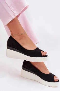 Sandały Damskie Na Koturnie Z Eko Zamszu Czarne Velira