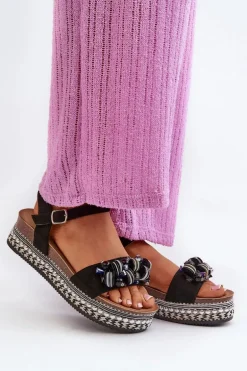 Sandały Damskie Na Koturnie I Platformie Z Ozdobami S.Barski HY056 Czarne