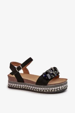 Sandały Damskie Na Koturnie I Platformie Z Ozdobami S.Barski HY056 Czarne