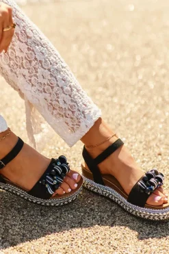 Sandały Damskie Na Koturnie I Platformie Z Ozdobami S.Barski HY056 Czarne