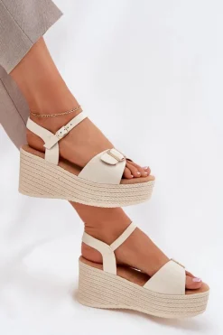 Sandały Damskie Na Koturnie Z Klamrą Beżowe Liniella