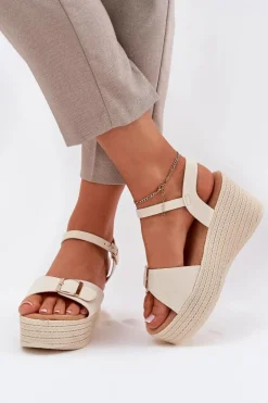 Sandały Damskie Na Koturnie Z Klamrą Beżowe Liniella