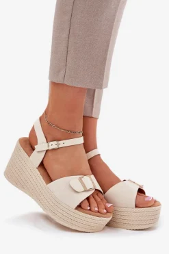 Sandały Damskie Na Koturnie Z Klamrą Beżowe Liniella