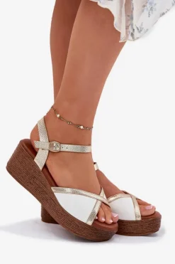 Sandały Damskie Na Koturnie S.Barski PL51-324 Biało-Złote