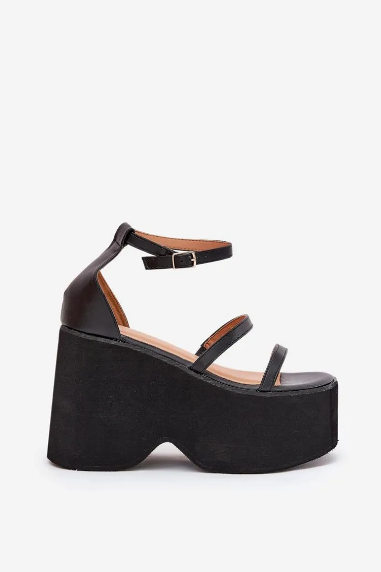 Sandały Damskie Na Masywnej Platformie I Koturnie Czarne Etette