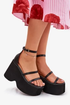 Sandały Damskie Na Masywnej Platformie I Koturnie Czarne Etette