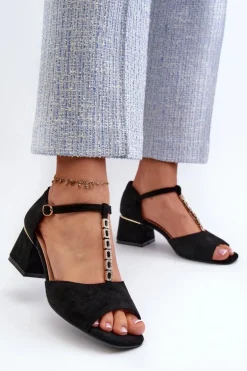Sandały Damskie Na Obcasie Klocku Z Ozdobnym Paskiem Eko Zamszowe Czarne Obivena
