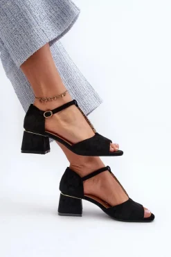 Sandały Damskie Na Obcasie Klocku Z Ozdobnym Paskiem Eko Zamszowe Czarne Obivena