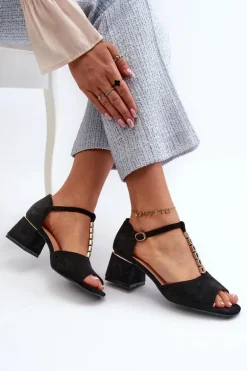 Sandały Damskie Na Obcasie Klocku Z Ozdobnym Paskiem Eko Zamszowe Czarne Obivena