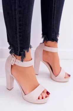 Sandały Damskie Na Obcasie Słupku Zamsz Beżowe ShakeUp