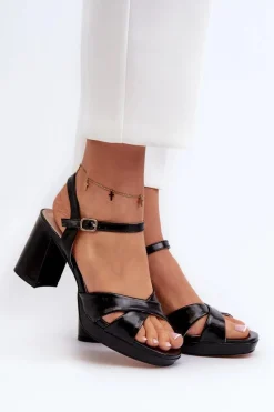 Sandały Damskie Na Obcasie Słupku Eko Skórzane Czarne Jatine