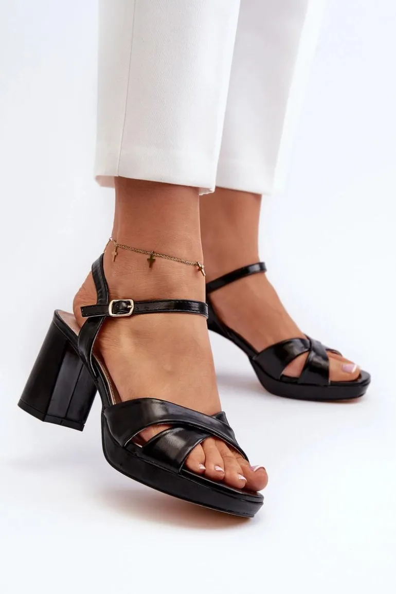 Sandały Damskie Na Obcasie Słupku Eko Skórzane Czarne Jatine