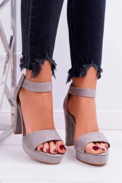 Sandały Damskie Na Obcasie Słupku Zamsz Szare ShakeUp