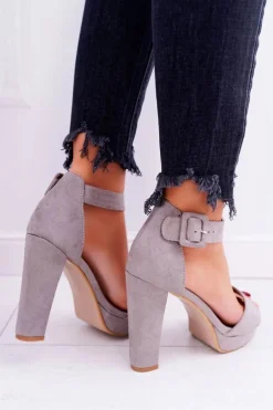 Sandały Damskie Na Obcasie Słupku Zamsz Szare ShakeUp