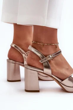 Sandały Damskie Na Obcasie Słupku Eko Skórzane Złote Jatine