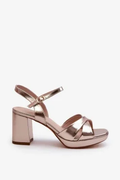 Sandały Damskie Na Obcasie Słupku Eko Skórzane Złote Jatine