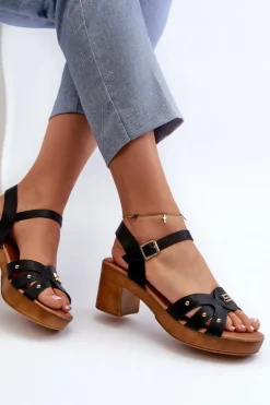 Sandały Damskie Na Obcasie Z Eko Skóry Czarne Assames