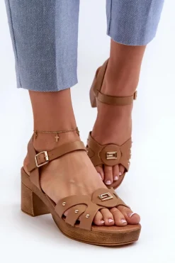 Sandały Damskie Na Obcasie Z Eko Skóry Brązowe Assames