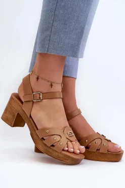 Sandały Damskie Na Obcasie Z Eko Skóry Brązowe Assames