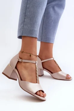 Sandały Damskie Na Obcasie Klocku Z Ozdobnym Paskiem Eko Skórzane Złote Obivena