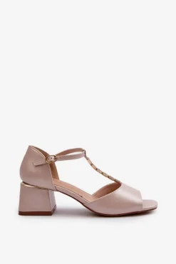 Sandały Damskie Na Obcasie Klocku Z Ozdobnym Paskiem Eko Skórzane Złote Obivena