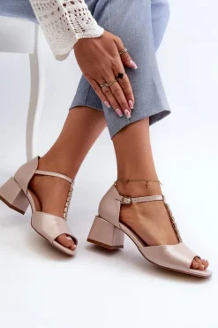 Sandały Damskie Na Obcasie Klocku Z Ozdobnym Paskiem Eko Skórzane Złote Obivena