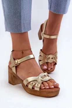 Sandały Damskie Na Obcasie Z Eko Skóry Złote Assames