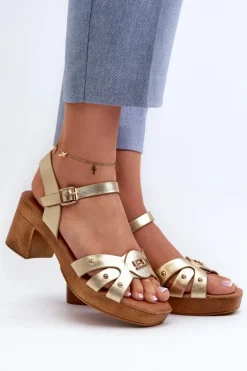 Sandały Damskie Na Obcasie Z Eko Skóry Złote Assames