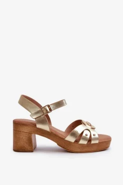 Sandały Damskie Na Obcasie Z Eko Skóry Złote Assames