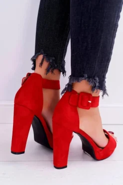 Sandały Damskie Na Obcasie Słupku Zamsz Czerwone ShakeUp