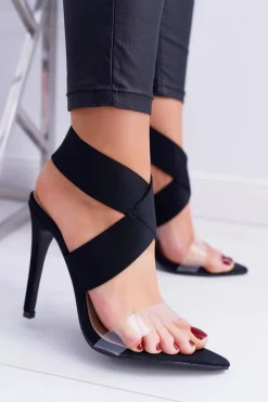 Sandały Damskie Na Obcasie Szeroki Pasek Czarne Lights