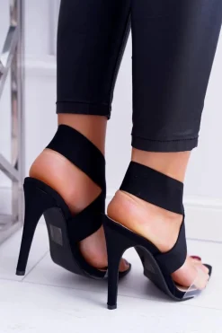 Sandały Damskie Na Obcasie Szeroki Pasek Czarne Lights
