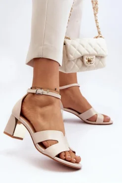 Sandały Damskie Na Obcasie Klocku Beżowe Irivana