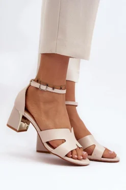 Sandały Damskie Na Obcasie Klocku Beżowe Irivana