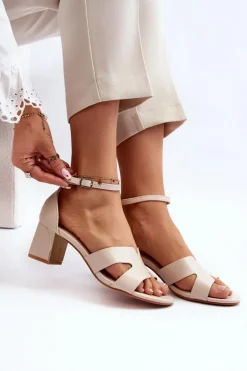 Sandały Damskie Na Obcasie Klocku Beżowe Irivana