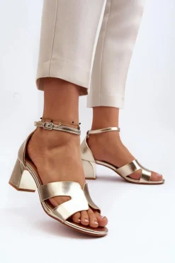 Sandały Damskie Na Obcasie Klocku Złote Irivana