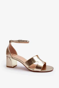 Sandały Damskie Na Obcasie Klocku Złote Irivana