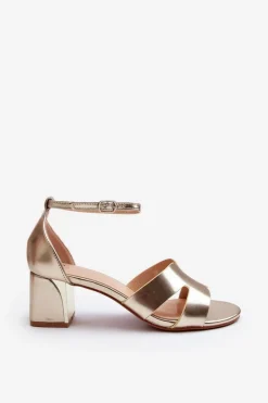 Sandały Damskie Na Obcasie Klocku Złote Irivana