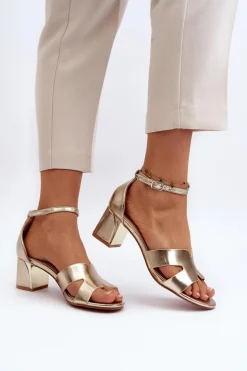 Sandały Damskie Na Obcasie Klocku Złote Irivana