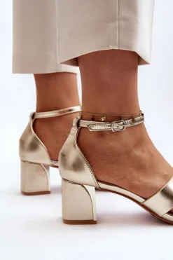 Sandały Damskie Na Obcasie Klocku Złote Irivana