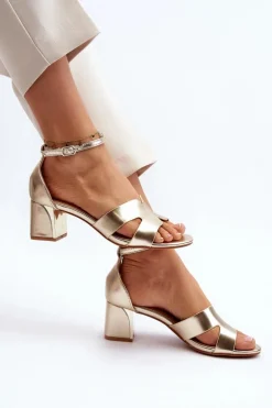 Sandały Damskie Na Obcasie Klocku Złote Irivana