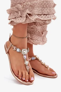 Sandały Damskie Na Płaskim Obcasie Z Kryształkami Różowe Złoto Fiolalia