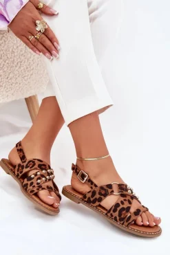 Sandały Damskie Na Płaskim Obcasie Ze Złotymi Ćwiekami Panterka Zanira