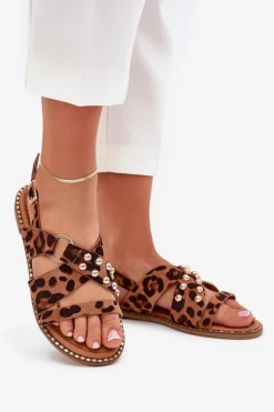 Sandały Damskie Na Płaskim Obcasie Ze Złotymi Ćwiekami Panterka Zanira