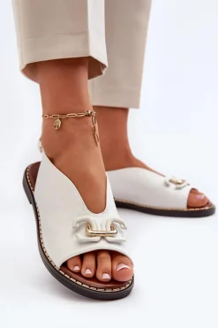 Sandały Damskie Na Płaskim Obcasie Z Ozdobą Białe Loraeleh