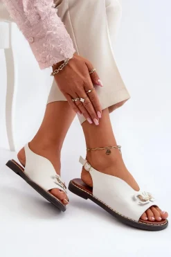 Sandały Damskie Na Płaskim Obcasie Z Ozdobą Białe Loraeleh