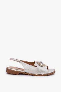 Sandały Damskie Na Płaskim Obcasie Z Ozdobnym Detalem S.Barski KV51-080 Srebrne