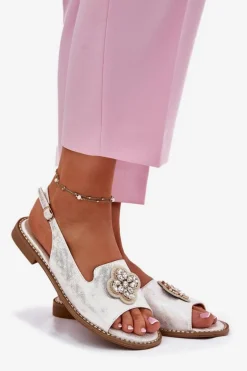 Sandały Damskie Na Płaskim Obcasie Z Ozdobnym Detalem S.Barski KV51-080 Srebrne