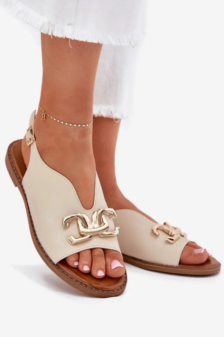 Sandały Damskie Na Płaskim Obcasie Ze Złotą Ozdobą Beżowe Amelira